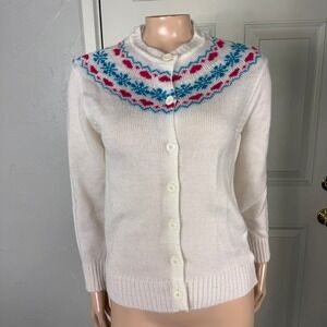 Vintage 70s 80s Cardgian Sweater M Heart Button Long Sleeve Acrylic Knit G4-17